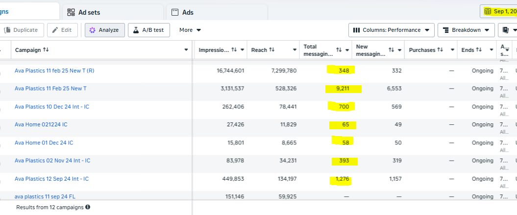 Ava Home Meta Ads Manager lead and message volume across campaigns