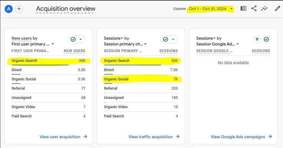 Rafiq Sons GA4 organic search 35K new users 50K sessions